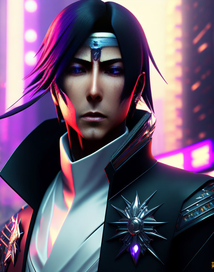 Futuristic character with purple hair and high-collared jacket