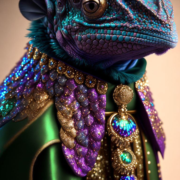 Detailed Renaissance-inspired chameleon in opulent attire.