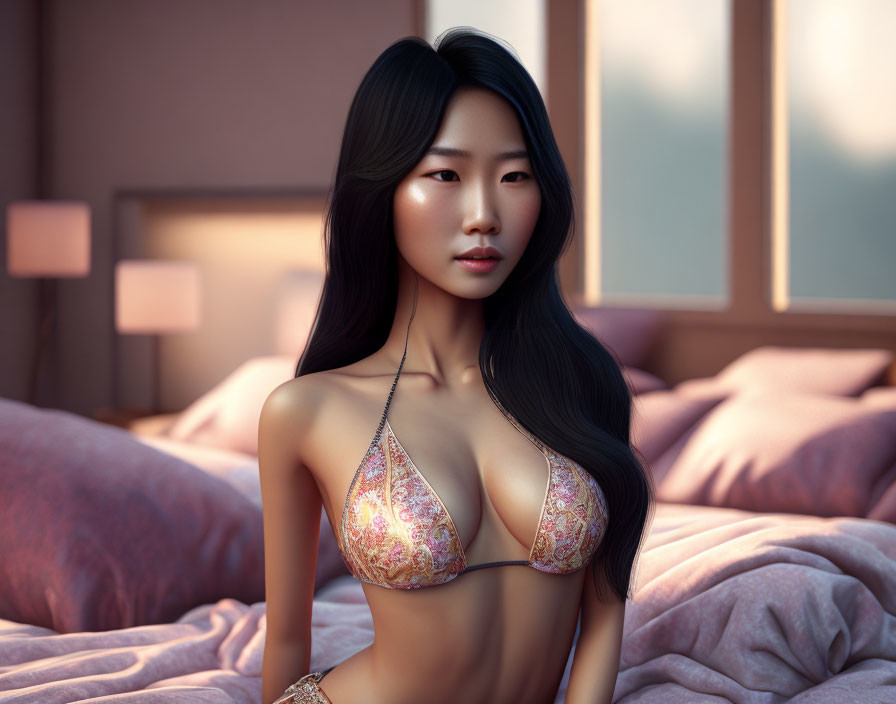 Digital artwork: Asian woman in paisley bikini, serene in sunlit bedroom
