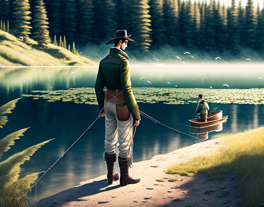 Cowboy hat man fishing by serene lake in forested landscape