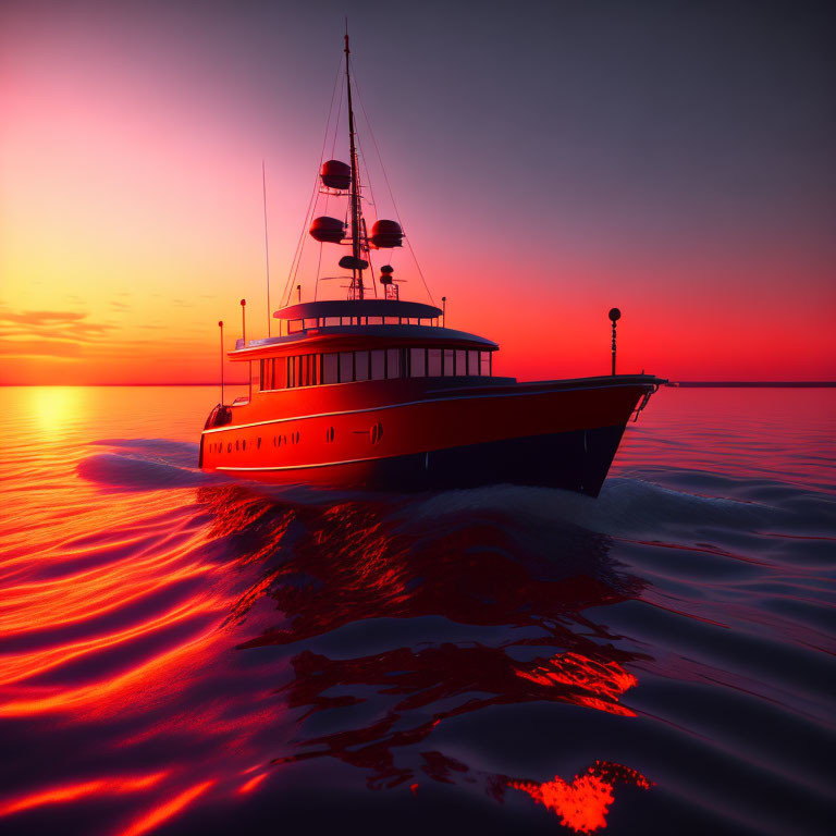 Luxury yacht sailing on tranquil sea at vivid red and pink sunset