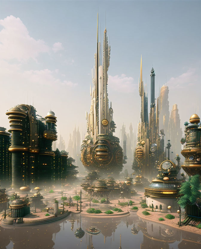 Golden skyscrapers in misty futuristic cityscape