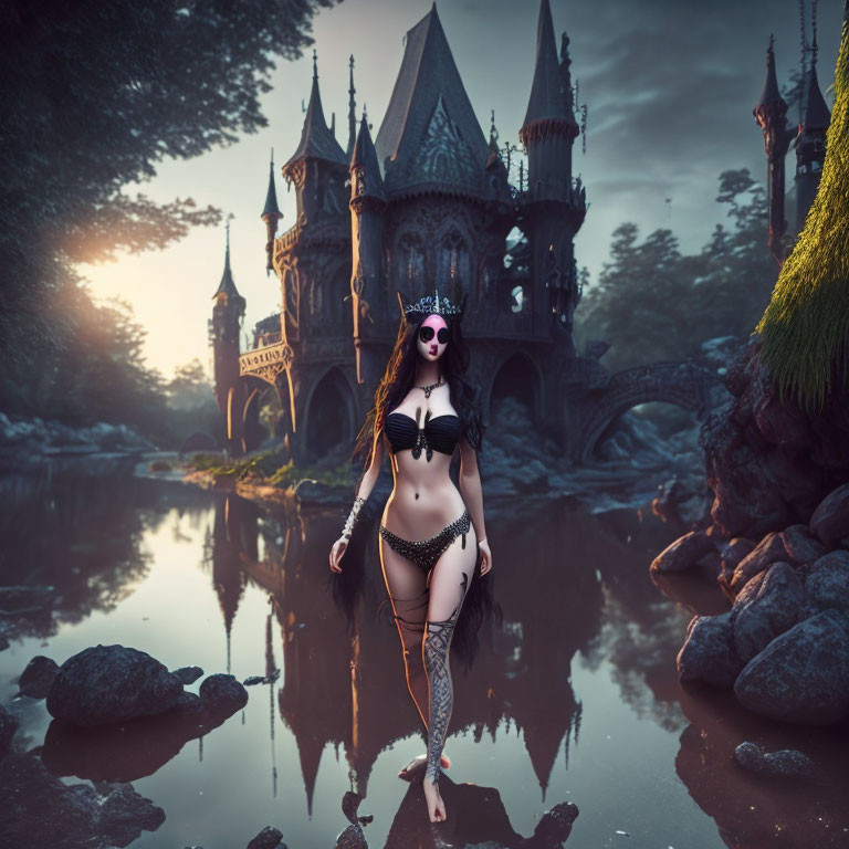 Person in ornate crown and black bikini in mystical forest with castle.