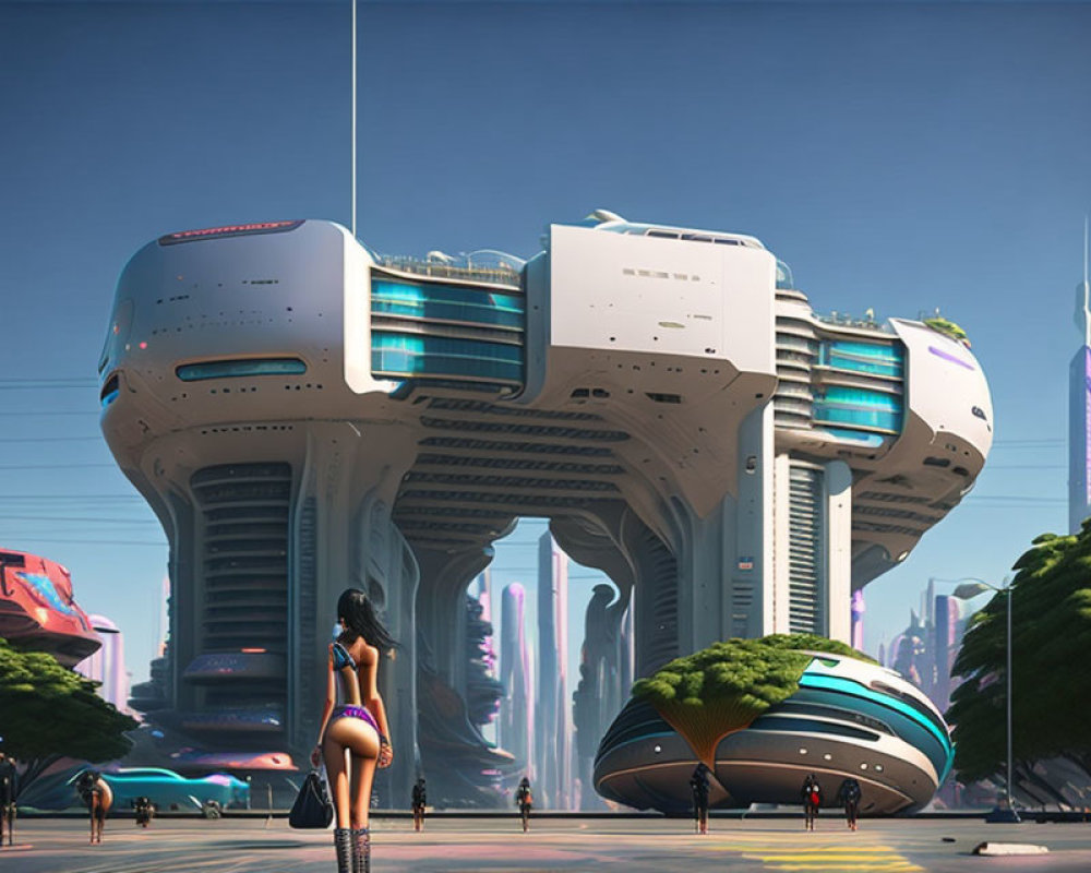Futuristic cityscape with woman, towering buildings, and advanced vehicles.