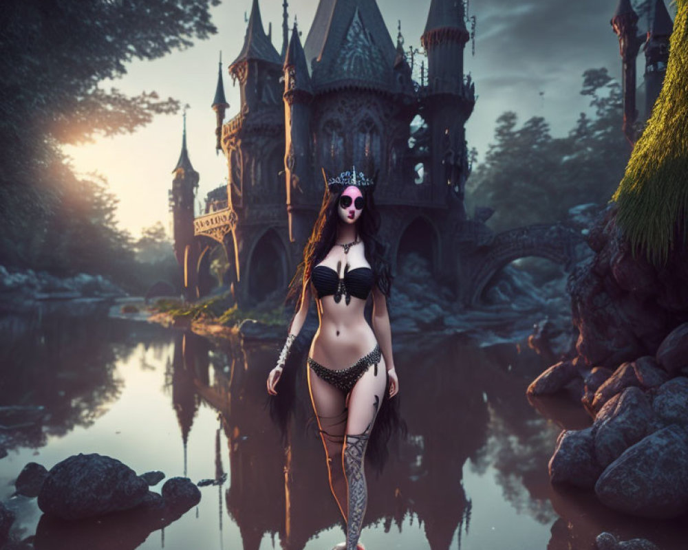 Person in ornate crown and black bikini in mystical forest with castle.