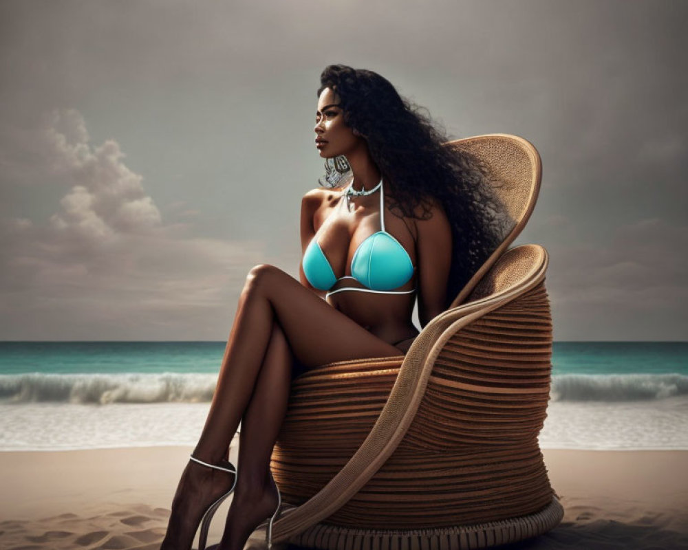 Woman in Turquoise Bikini Sitting on Wicker Chair on Sandy Beach