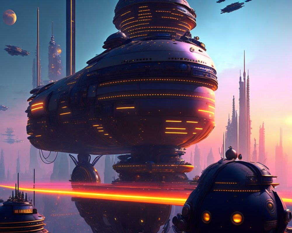 Futuristic Twilight Cityscape with Illuminated Buildings and Red Energy Beams