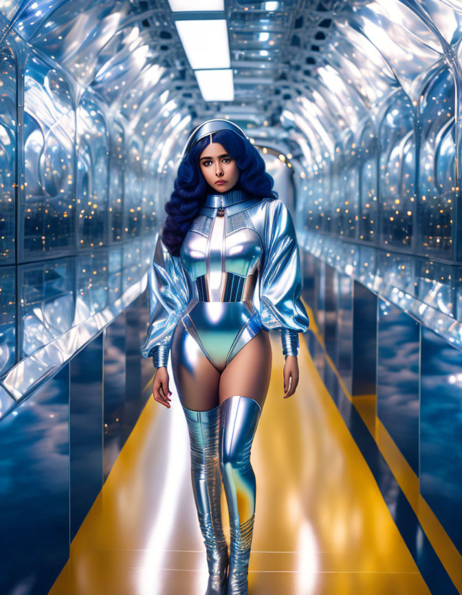 Futuristic woman in silver outfit in reflective corridor