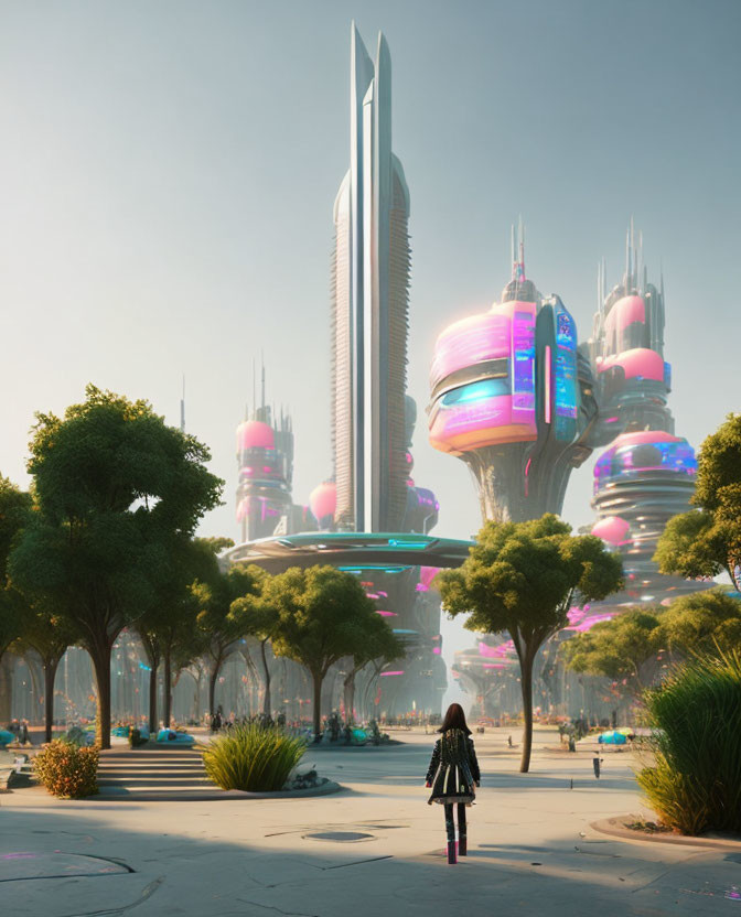 Futuristic cityscape with skyscrapers, neon signs, park, and observer