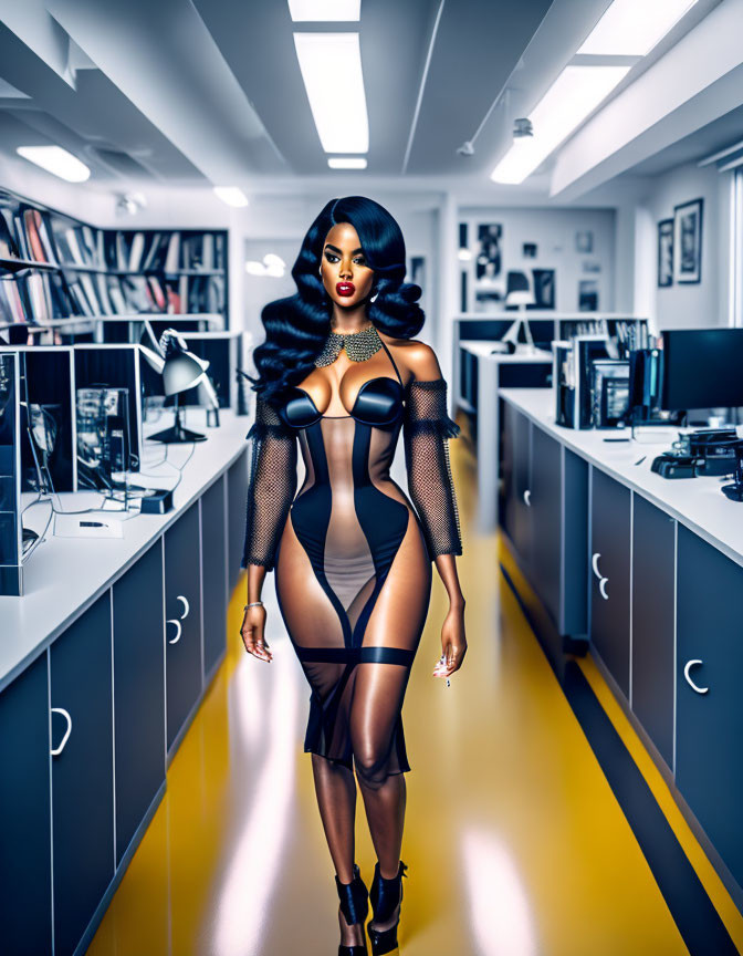 Digital illustration of a curvy woman in revealing attire in office setting