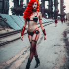 Detailed humanoid female robot with red hair on industrial railway track