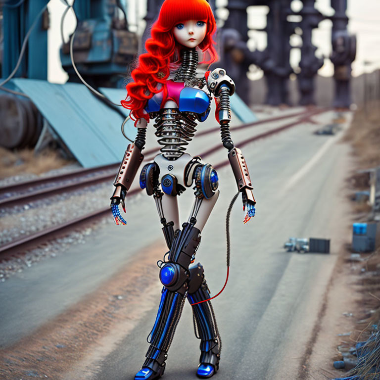 Detailed humanoid female robot with red hair on industrial railway track