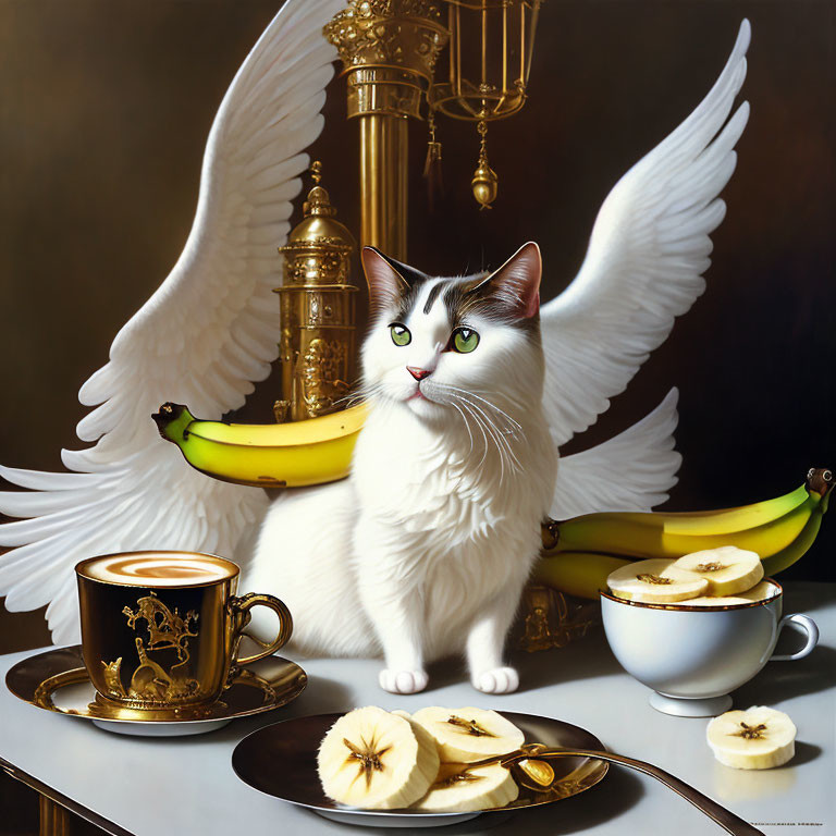 White cat with angelic wings beside coffee, spoon, bananas, and chandelier.