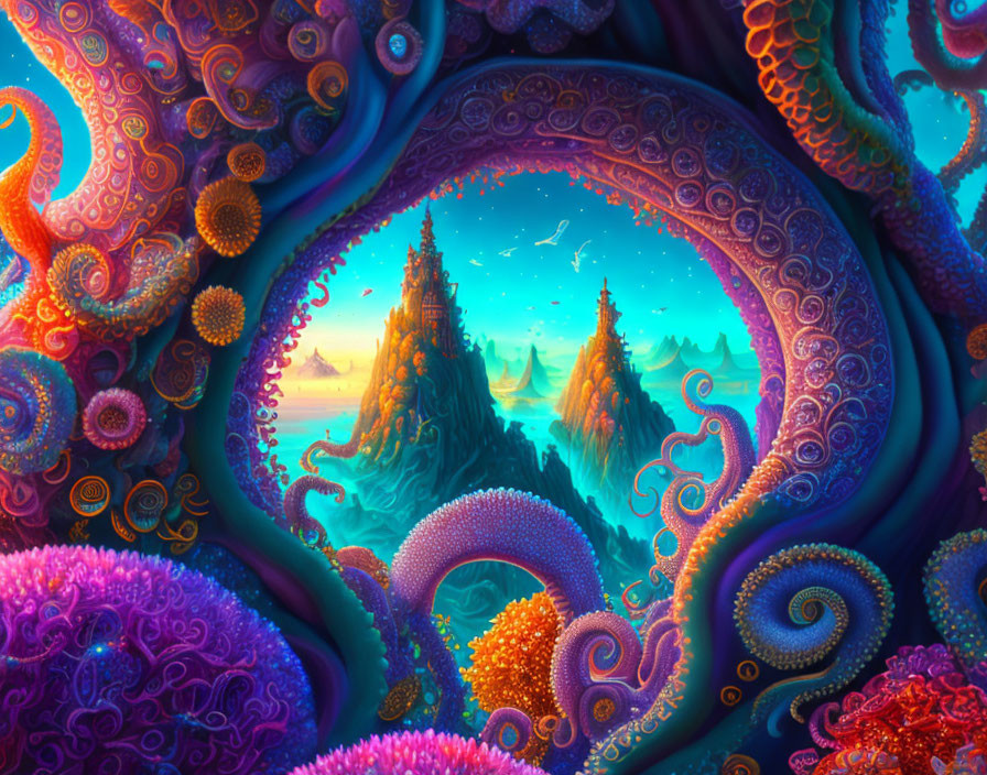 Vivid Fantasy Landscape with Tentacle-like Formations & Mountain Peaks
