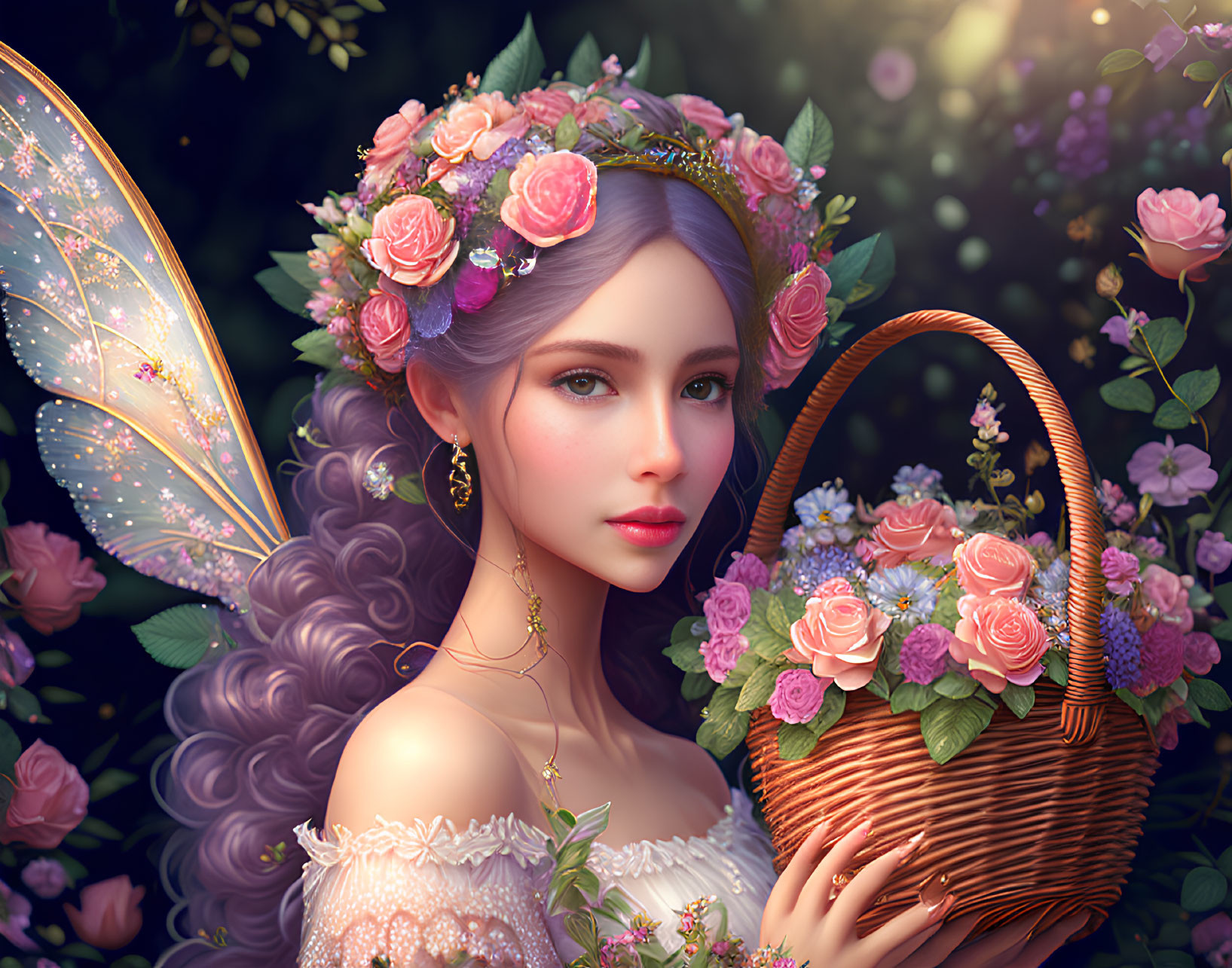 Purple-haired fairy with wings in floral garden holding roses basket