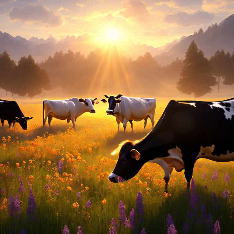 Cows grazing in vibrant field at sunrise with mountain backdrop