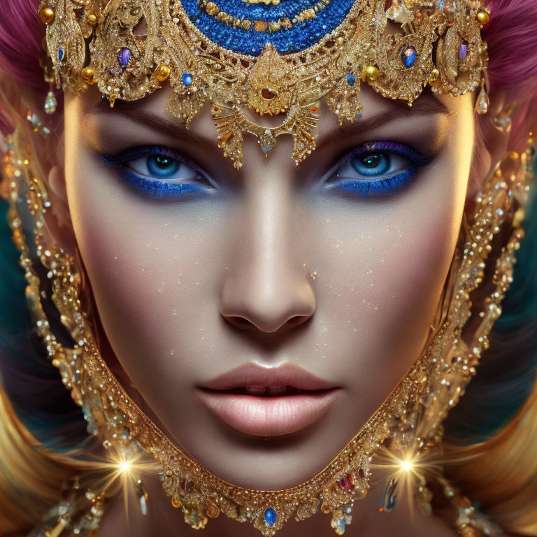 Close-up of woman with vibrant blue eyes in gold headpiece with sapphires.
