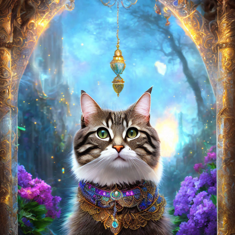 Majestic cat with green eyes and bejeweled collar in fantastical setting