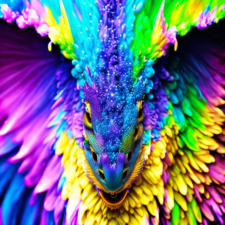 Multicolored abstract symmetrical explosion with mythical creature face