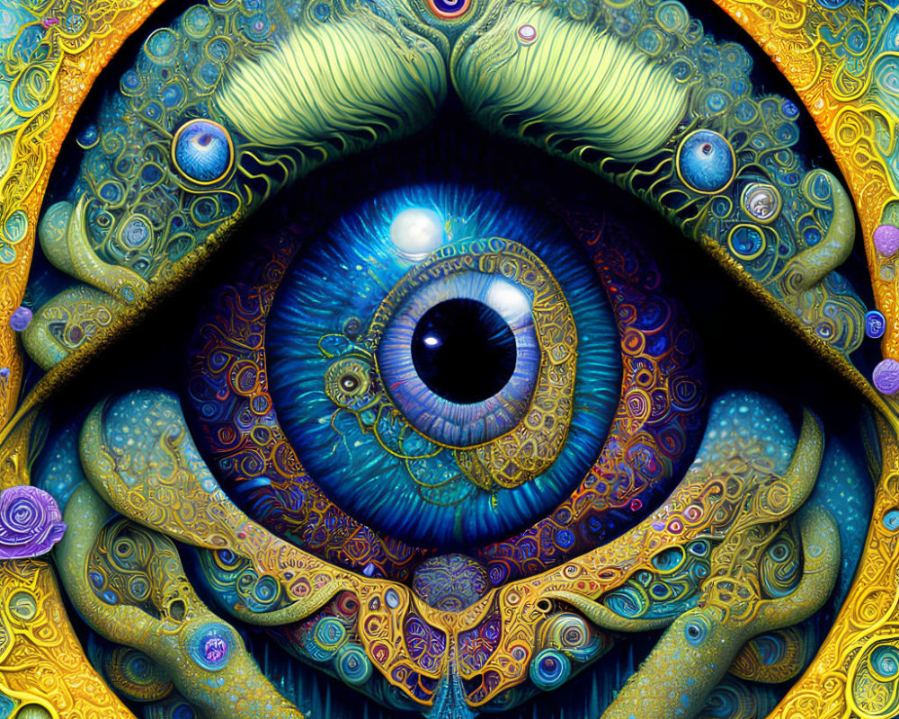 Colorful psychedelic eye art with intricate patterns and textures