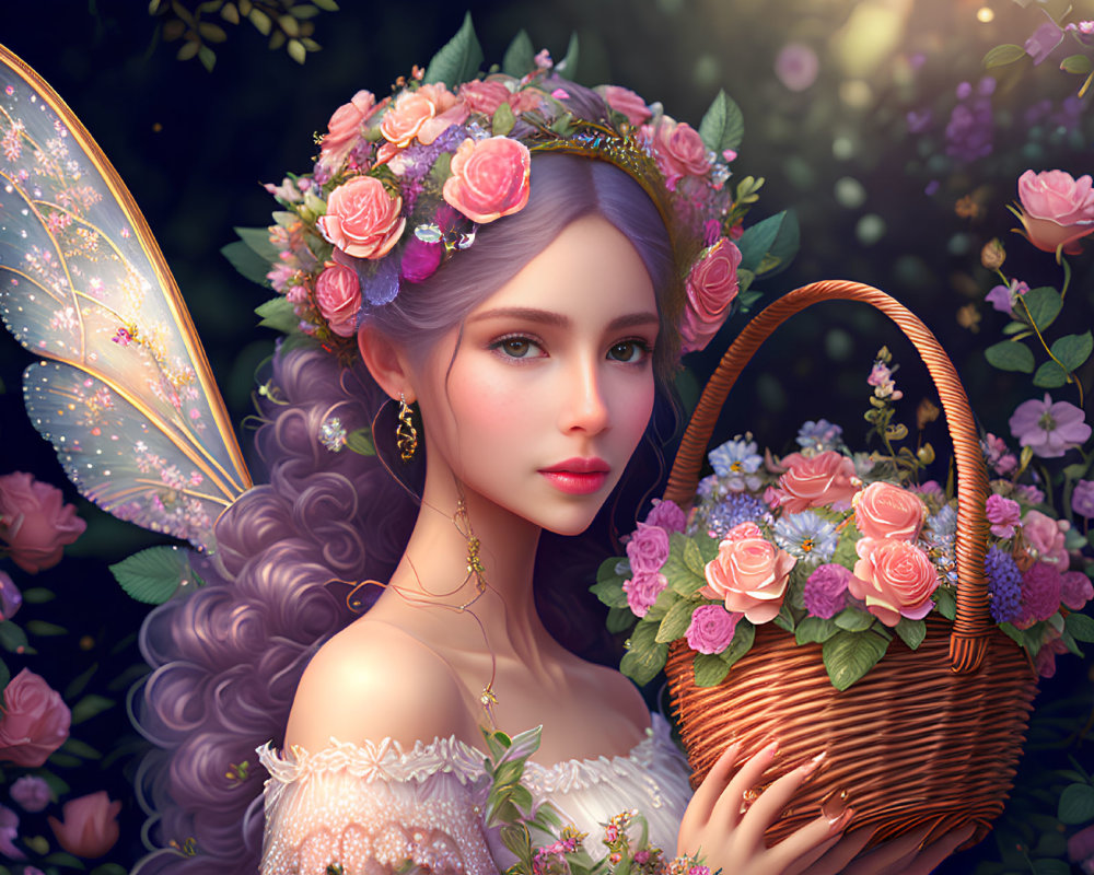 Purple-haired fairy with wings in floral garden holding roses basket