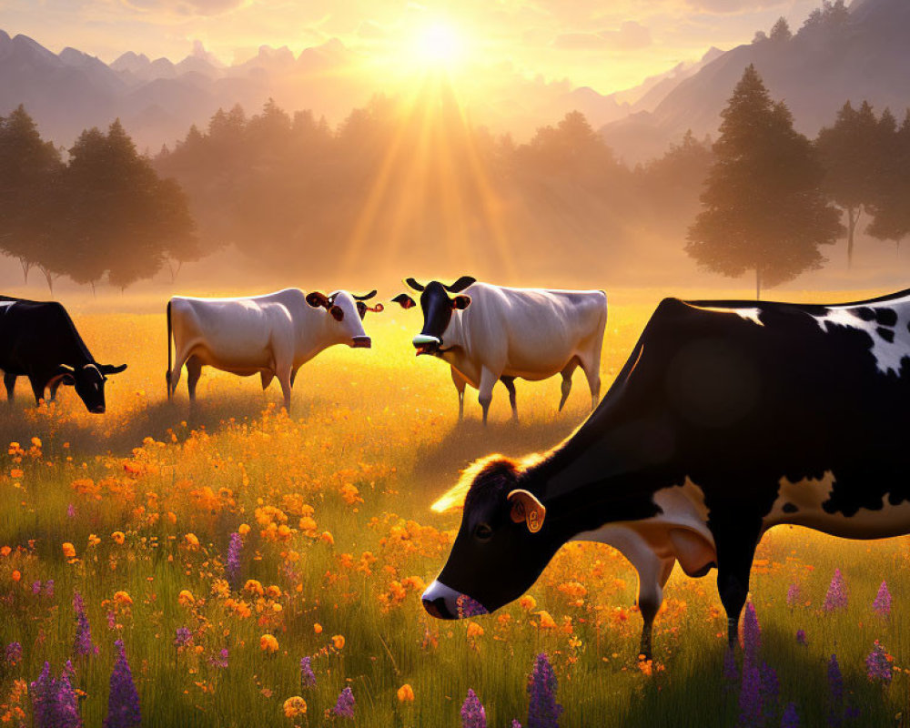 Cows grazing in vibrant field at sunrise with mountain backdrop