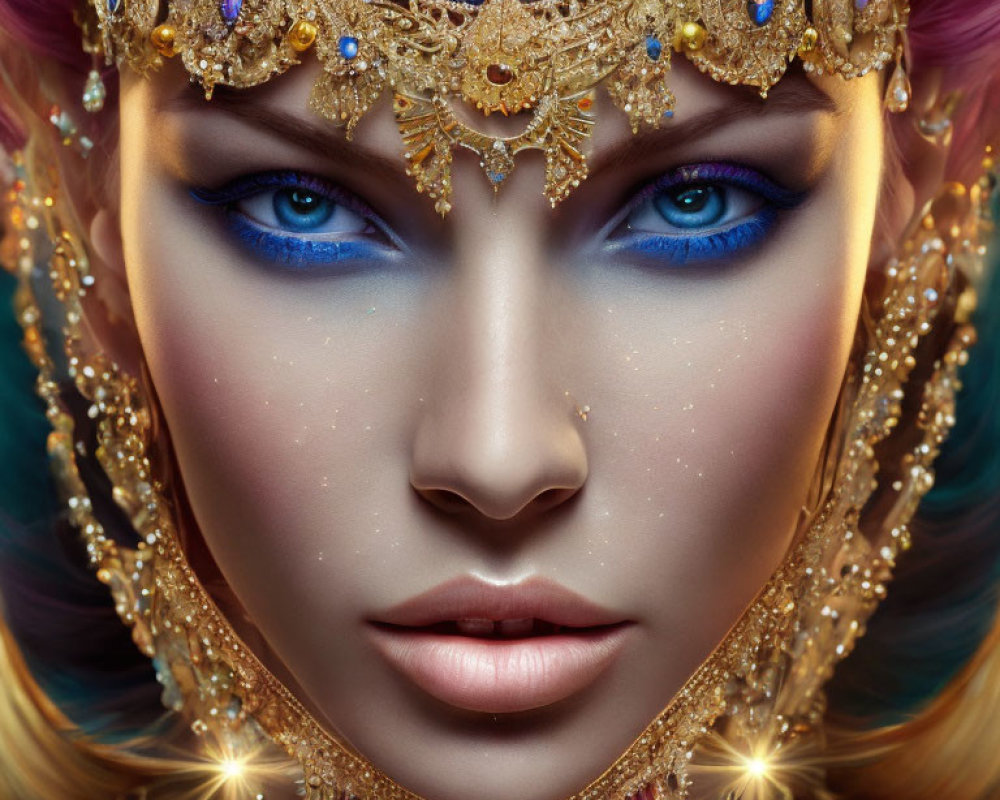 Close-up of woman with vibrant blue eyes in gold headpiece with sapphires.