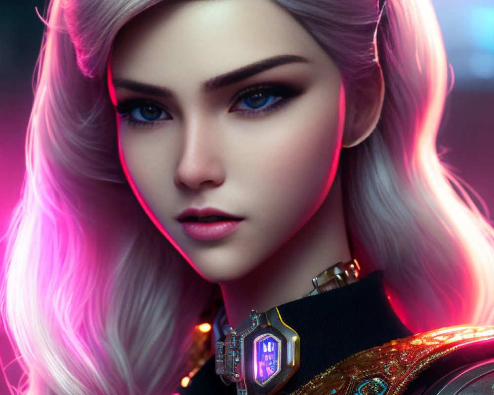 Digital artwork: Woman with silver hair and cybernetic enhancements, blue eyes, pink accents