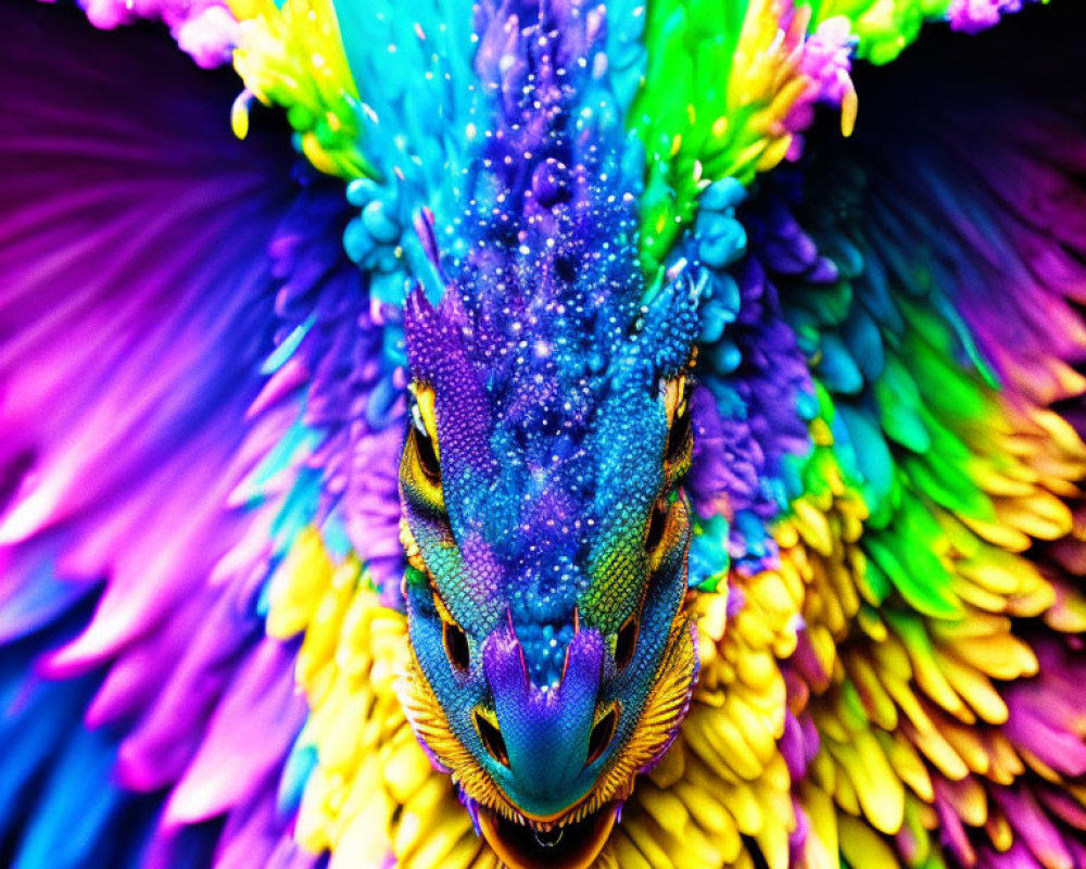 Multicolored abstract symmetrical explosion with mythical creature face