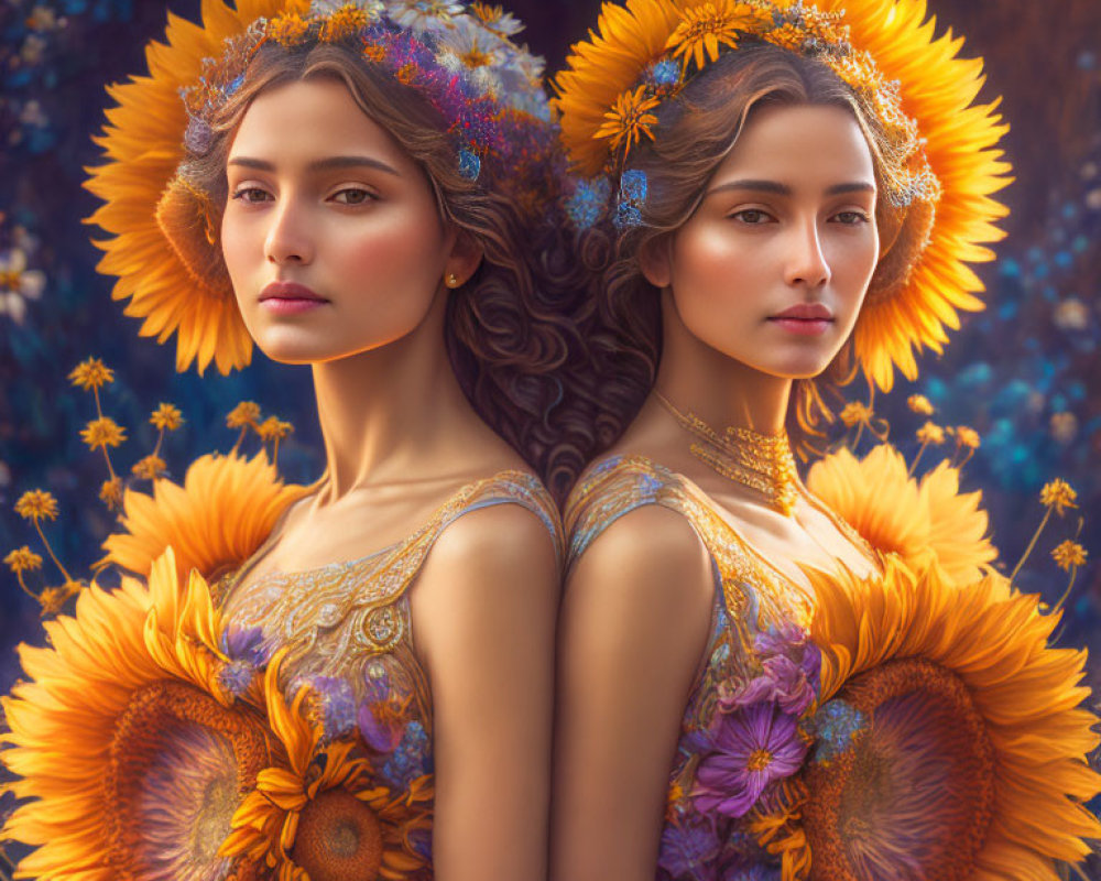 Symmetric portrait of two women in floral headpieces and sunflower dresses