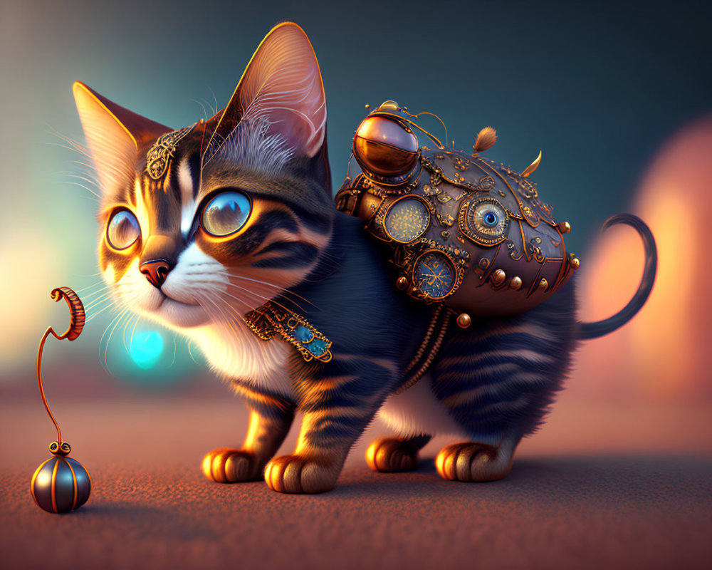Whimsical steampunk cat with gear and brass accents next to mechanical mouse