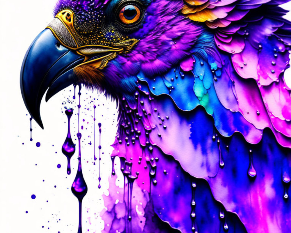 Colorful Eagle Illustration with Melting Features in Purple, Blue, and Pink