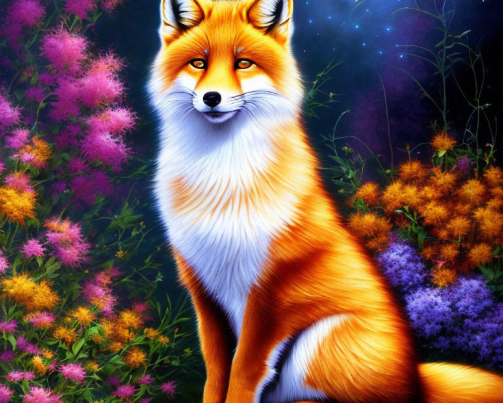 Vivid Red Fox in Colorful Flower Field with Mystical Blue Background