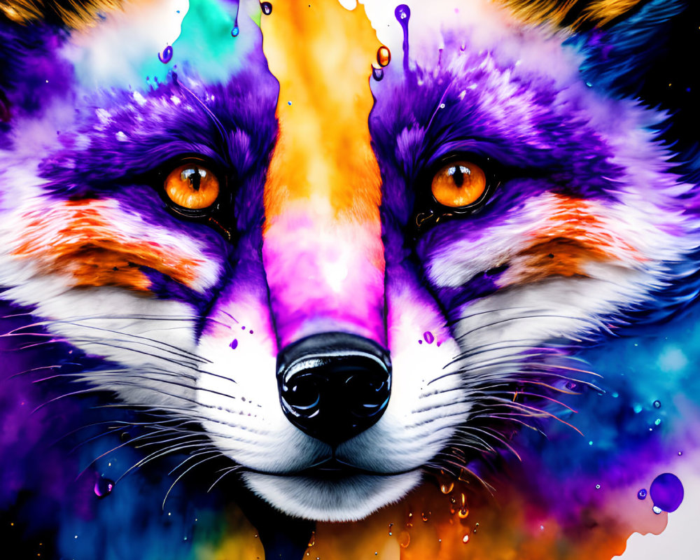 Colorful Fox Face Artwork with Intense Orange Eyes and Dripping Paint