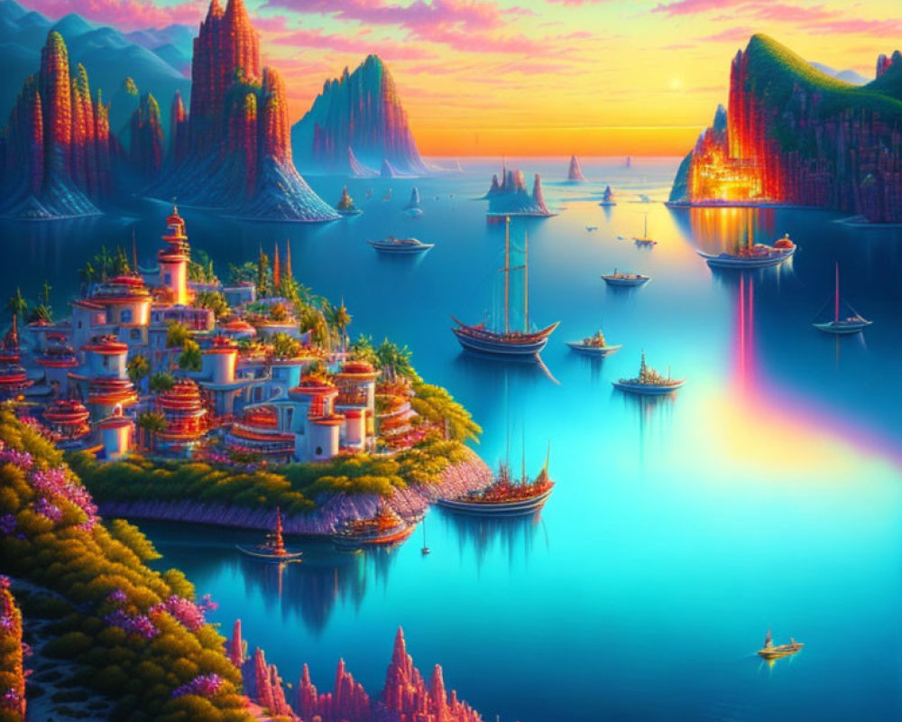Colorful coastal city with mountains, pink flora, sailboats, and sunset