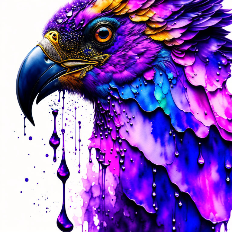 Colorful Eagle Illustration with Melting Features in Purple, Blue, and Pink