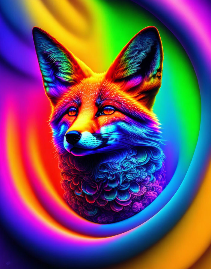 Colorful Fox Artwork with Rainbow Background and Detailed Fur