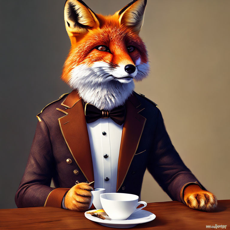 Anthropomorphic Fox in Suit Drinking Tea