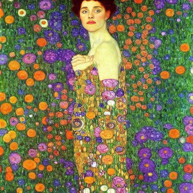 Woman's face merged with Gustav Klimt's "The Woman in Gold" in floral mosaic