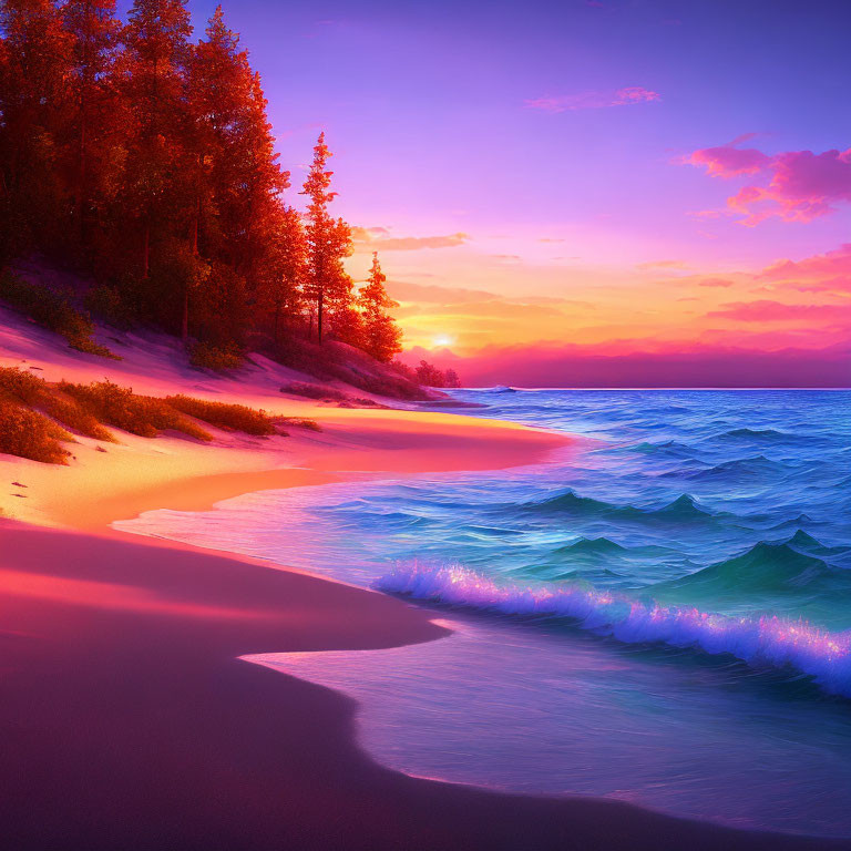 Colorful Beach Sunset with Purple and Orange Hues, Gentle Waves, and Forest Edge