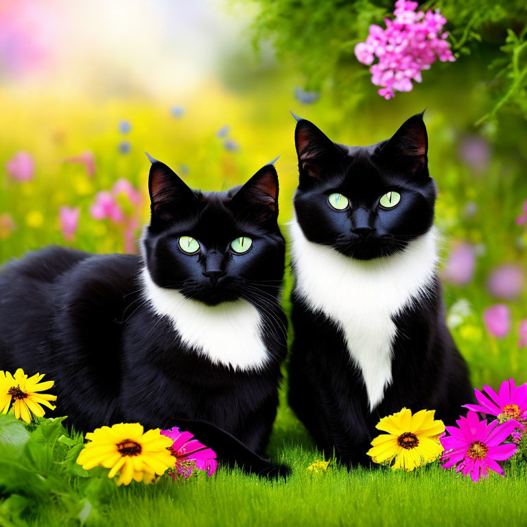 Black Cats with Green Eyes Among Colorful Flowers in Garden