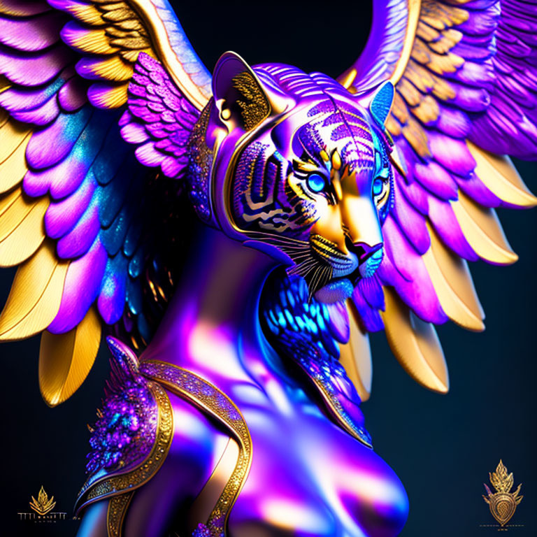 Mythical creature with tiger head and iridescent wings on dark background