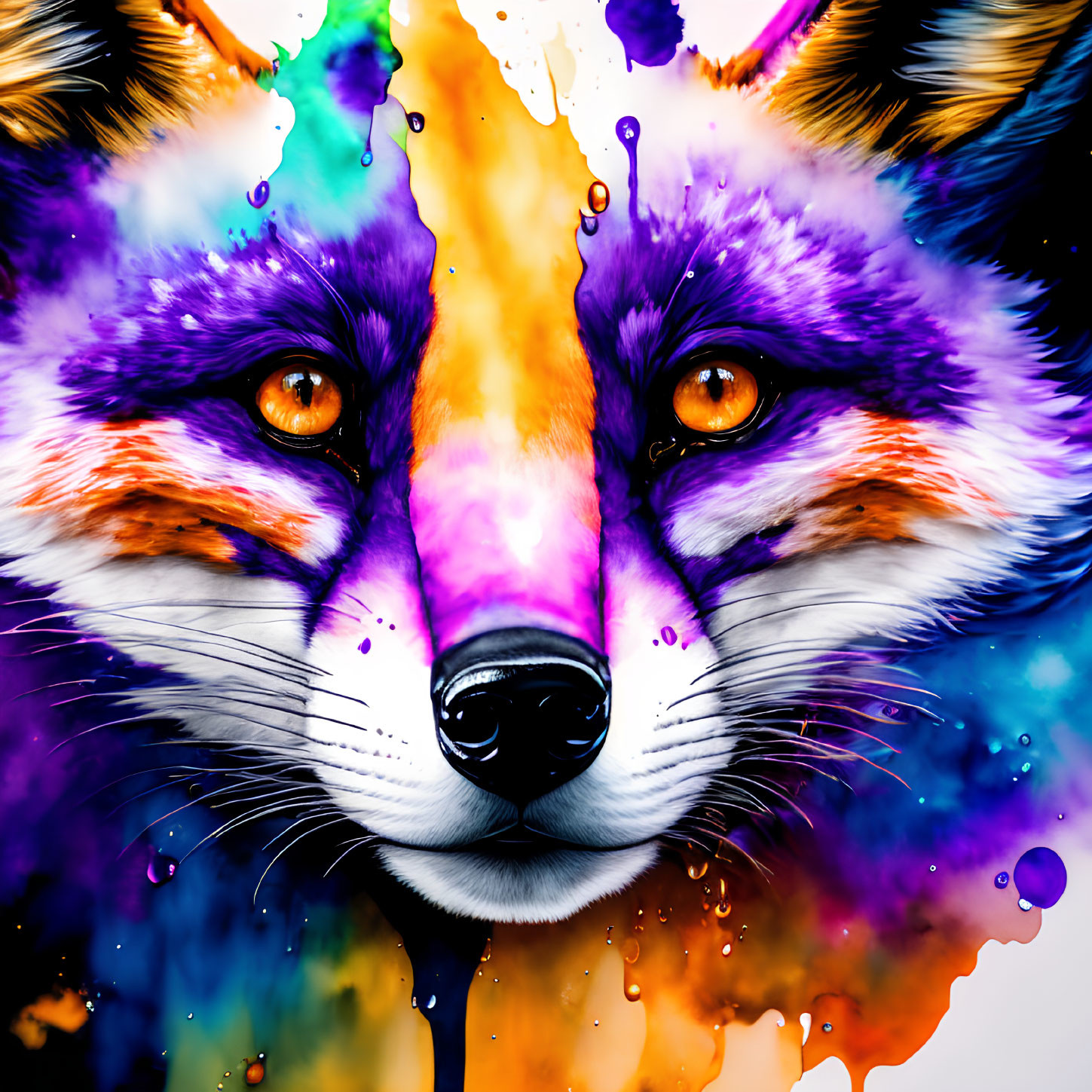 Colorful Fox Face Artwork with Intense Orange Eyes and Dripping Paint