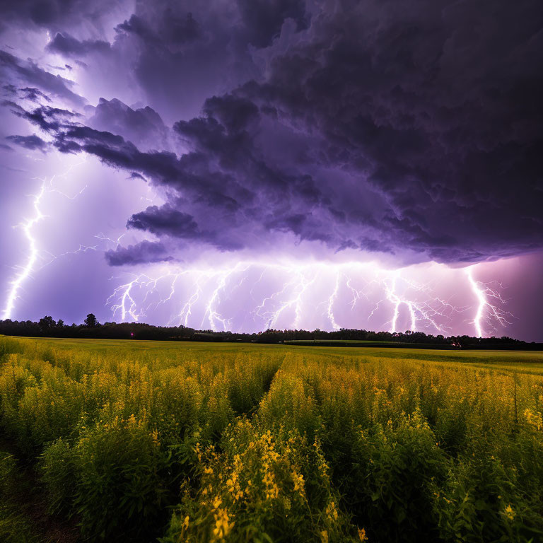Purple Sky Lightning Storm Over Blooming Field