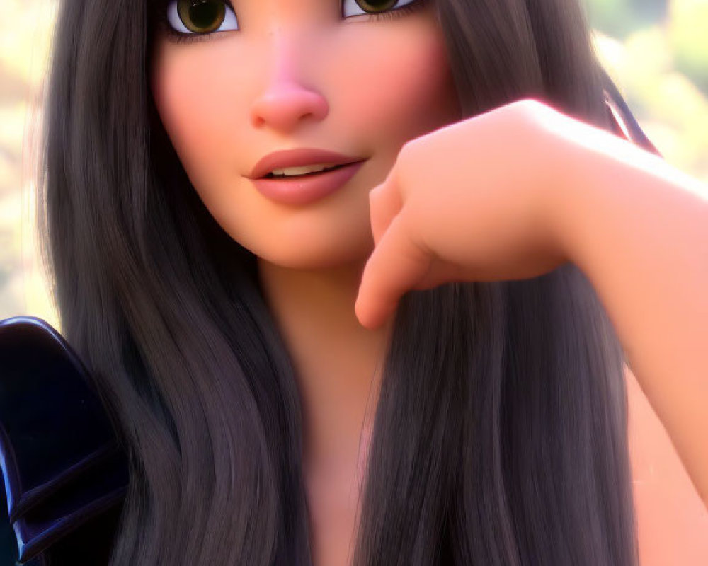 Long-haired female animated character in blue dress with large eyes, appears thoughtful