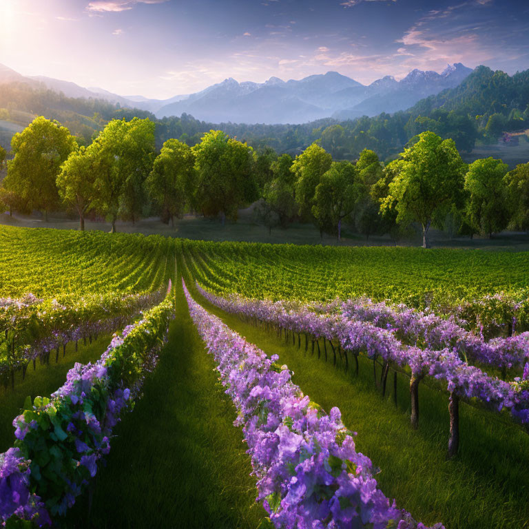 Scenic vineyard with purple flowers, grapevines, trees, and mountains