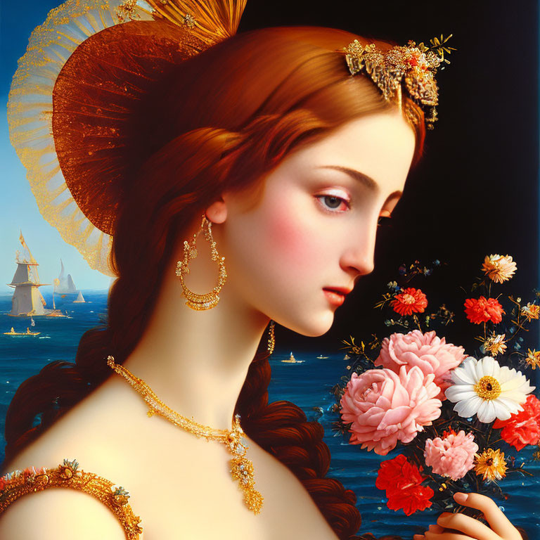 Stylized portrait of woman with red hair and fan against sea backdrop