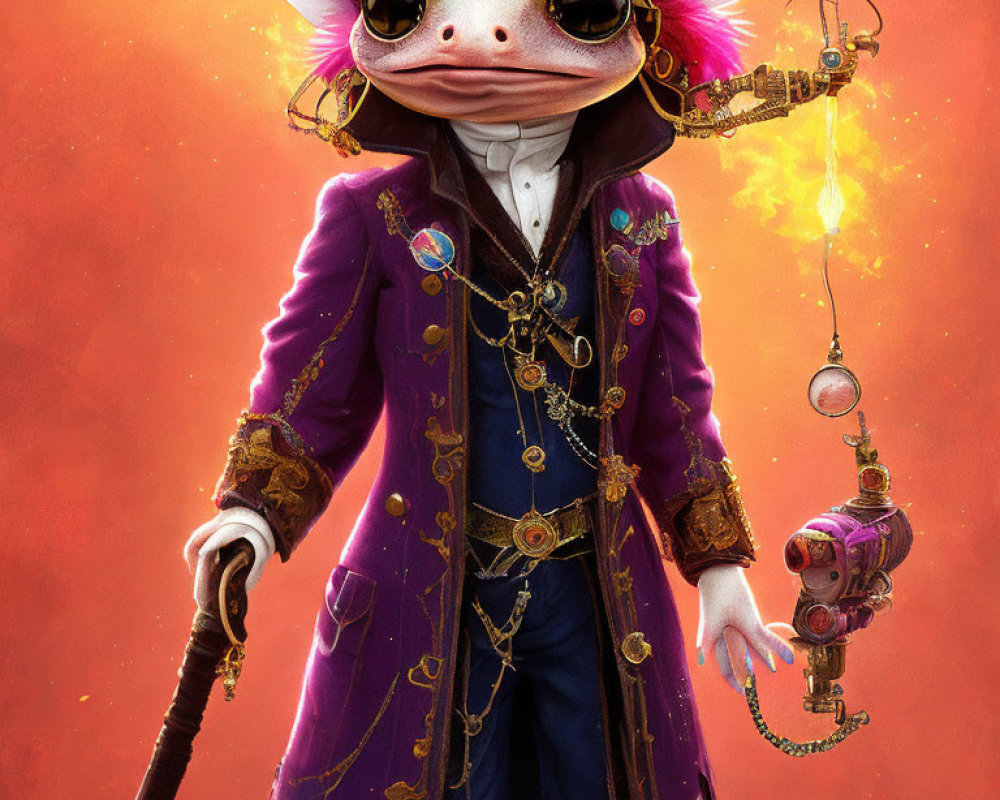 Ornately dressed animated frog character in purple coat with gold trim