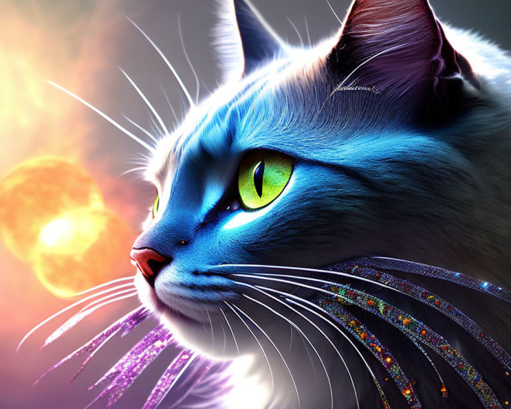 Close-Up Digital Artwork: Blue Cat with Green Eyes and Sparkling Whiskers
