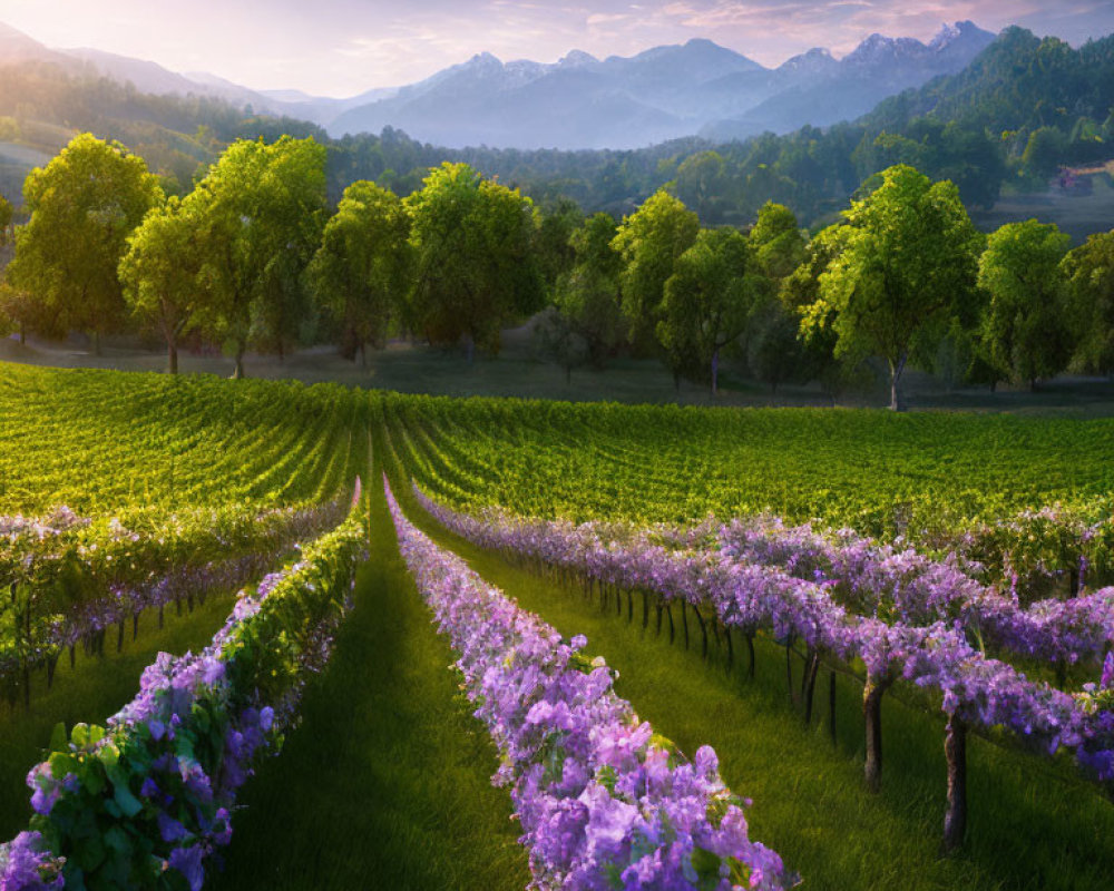Scenic vineyard with purple flowers, grapevines, trees, and mountains